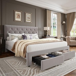 Bed Frame with 2 Storage Drawers, Vintage Velvet Upholstered Bedframe with Wooden Slat Support and Button Tufted Wingback Headboard Beige - 1 of 4
