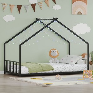 Sapphtopaz Metal House Bed Frame for Kids with Roof & LED Floor Platform Bed with Sturdy Frame for Kids Bedroom,Playroom,Nursery - 1 of 4