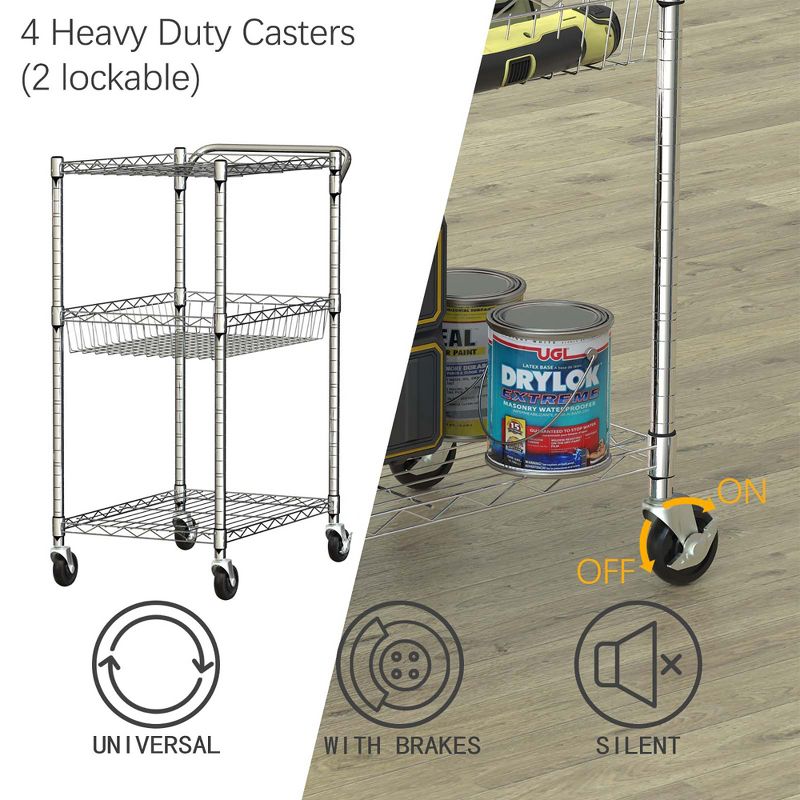 Costway 3-Tier Utility Cart Heavy Duty Wire Rolling Cart w/Handle Bar Storage Trolley, 3 of 11