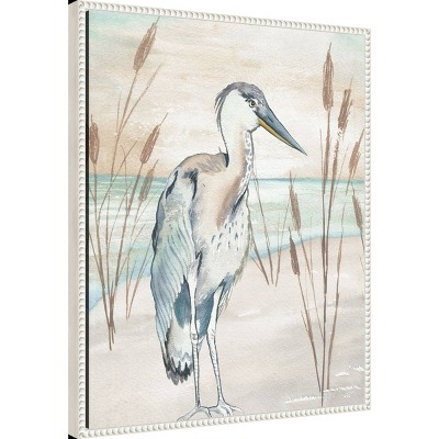 Heron by Beach Grass Nautical Canvas Framed Wall Art