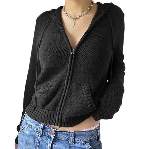Coolmee Women's Zip Up Hooded Crop Cardigan Cable Knit Hoodies Long Sleeve Sweater Jacket - 1 of 2