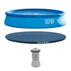 Intex 15' x 33" Easy Set Above Ground Swimming Pool, Filter Pump & Cover Tarp - 1 of 4