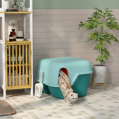Green Covered Cat Litter Box with Scoop and Lockable Lid