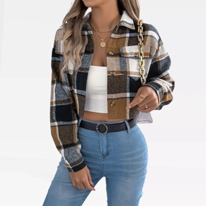 Womens Casual Jackets Flannel Cropped Shacket Fashion Plaid Trendy Crop Boxy Shirt with Pockets Fall Winter Button Down Coats - 1 of 4