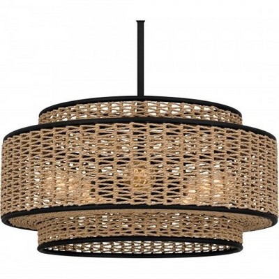 Matte Black and Natural Rope Drum Pendant Light, 5-Light