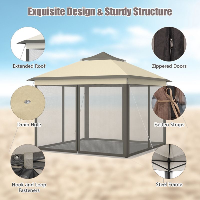 Tangkula 11 x 11 ft Pop up Gazebo 2-Tier Patio Canopy Tent Shelter w/ Carrying Bag Beige/Brown, 3 of 7