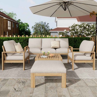 Outdoor 5 PCS Sectional Sofa Set, Low-Profile Design Sofa Set with Coffee Table, Acacia Wood Frame Sofa with Polyester Cushion-Coolbibila