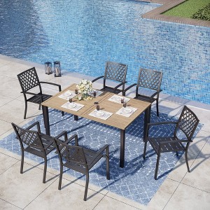 Captiva Designs 7pc Patio Wood-look Slatted Top Steel Table with Umbrella Hole & Metal Armrest Chairs - 1 of 4