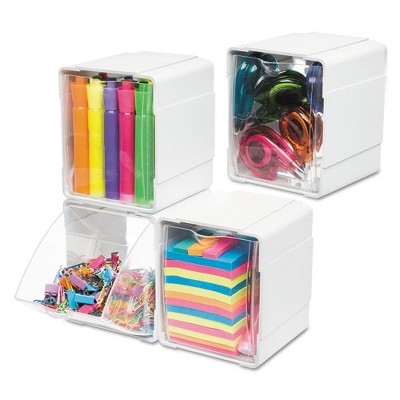 Deflecto Tilt Bin Interlocking 4-Bin Organizer, White/Clear, 4.63" x 4.88" x 5.5"