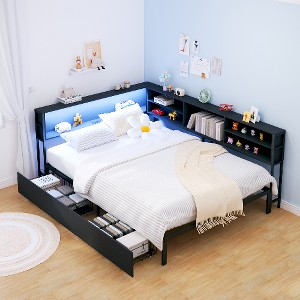 Lyngins Kids' /Teens' Corner Bed Frame, Storage Bed with Integrated Bookcase, Full Daybed with 2 Underbed Drawers & Smart LED Lights, Charging Station - 1 of 4