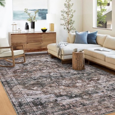 GAOMON Washable Area Rugs for Living Room Vintage Medallion Bedroom Rug Boho Distressed Non Slip Low Pile Carpet