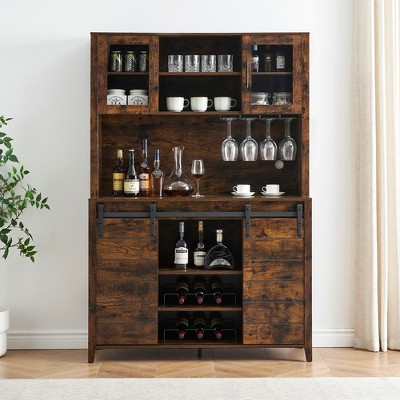 WhizMax 70" Farmhouse Coffee Bar Wine Cabinet with Sliding Barn Doors, Tall Kitchen Hutch with Wine & Glasses Rack, for Kitchen, Dining Room, Oak
