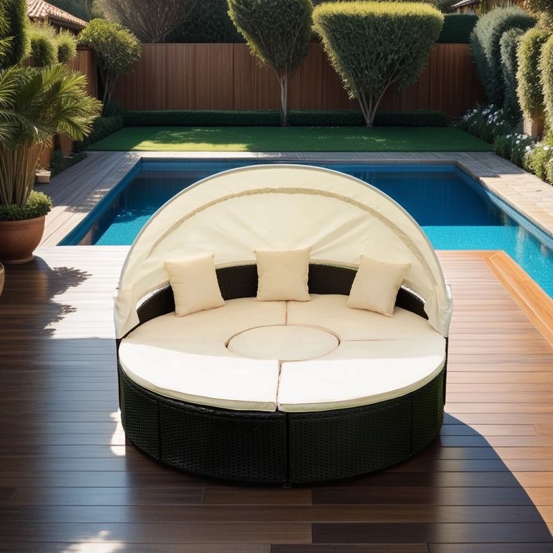 Outdoor Patio Round Daybed with Retractable Canopy, Sectional Seating Furniture Set Black Wicker+Creme Cushion 4M - ModernLuxe, 2 of 15