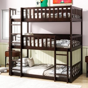 KTMBDW Rubber Wood Low Twin Triple Bunk Bed for Kids/Junior, Bunk Bed Frame with Guardrails & Ladder for Boys Girls, No Box Spring Needed - 1 of 4