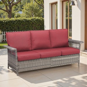 Belord 79" Outdoor Patio Sofa, All-Weather Gray Wicker 3-Seater Couch with 5-Inch Wide Armrests and Thick Cushions for Porch, Deck, or Backyard - 1 of 4