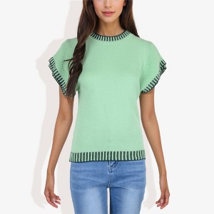 Anna-Kaci Women's Cap Sleeve Knit Top with Contrast Striped Trim and Crew Neck - 1 of 4