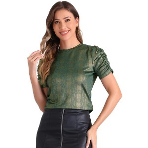 INSPIRE CHIC Women's Glitter Puff Sleeve Round Neck Stretch Casual Pullover Shiny Tops - 1 of 4