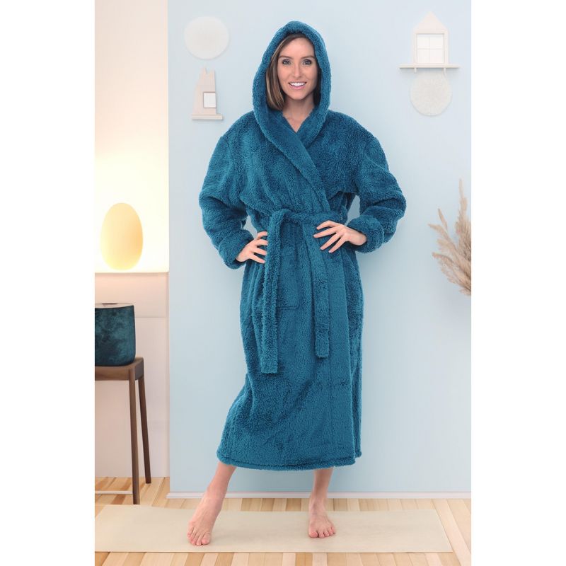 Women's Fuzzy Plush Fleece Bathrobe with Hood, Soft Warm Hooded Lounge Robe, 4 of 9