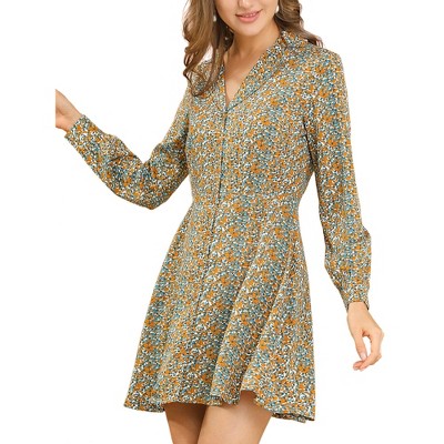 Allegra K Women's Vintage Floral Print Camp Collar Long Sleeve Button Down Short Shirt Dress
