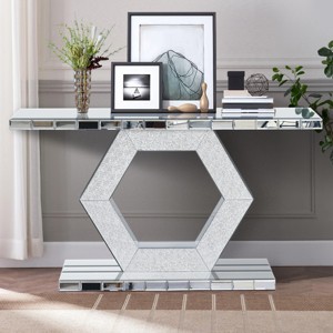 55" Mirrored Console Table with Geometric Hexagon Base,Rectangular Crystal Accent Entryway Sofa Table for Modern Living Room-Coolbibila - 1 of 4