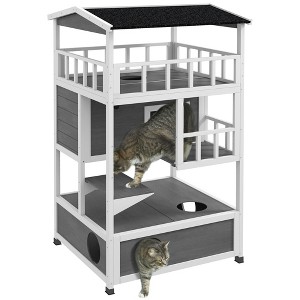 PawHut Wooden Outdoor Cat House, Feral Cat Shelter Kitten Tree with Asphalt Roof, Escape Doors, Condo, Jumping Platform - 1 of 4