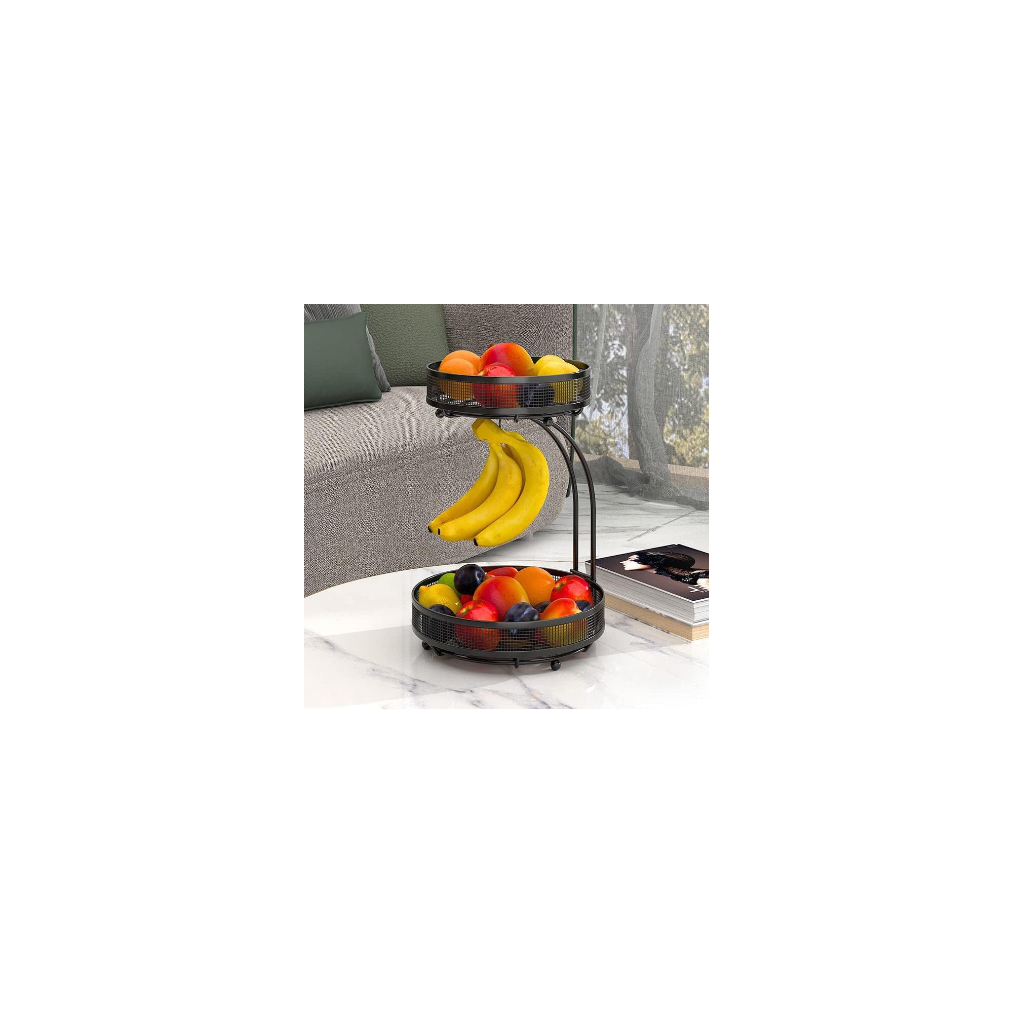 ADIVO 2 Tier Fruit Bowl Carbon Steel Kitchen Fruit and Vegetable Storage Basket Black 28cm