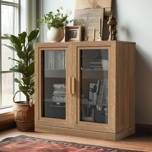 31" Black Wood Grain Decorative Storage Cabinet (2 Glass Doors) - 1 of 4