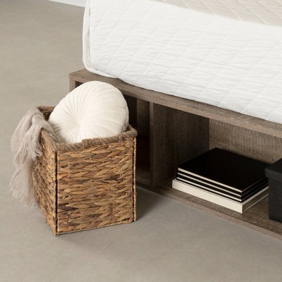 Weathered Oak Queen Storage Bed with Wicker Baskets