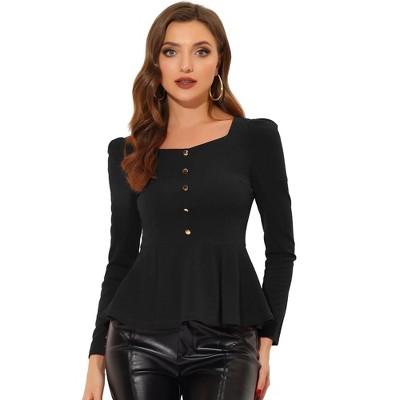 Women's Elegant Long Sleeve Knit Stretch Round Neck Tie Waist Flare Peplum  Top Black XS