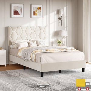 Jojoka Upholstered Platform Bed Frame with Adjustable Headboard, Diamond Pattern, Wood Slats, Noise-Free, No Box Spring Needed - 1 of 4