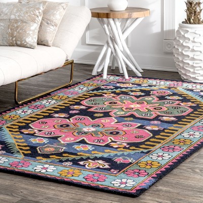 Handmade Multicolor Floral Wool Rectangular Area Rug 5'0"x8'0"