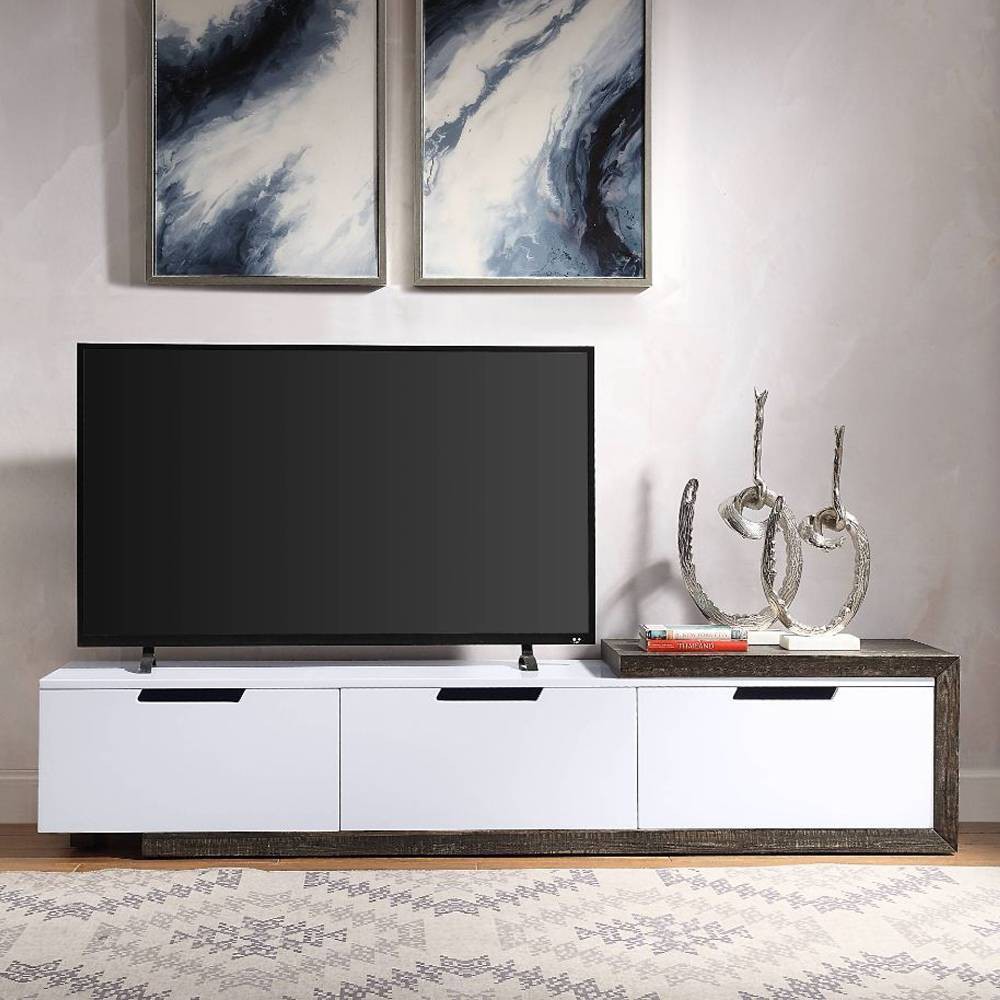 Photos - Display Cabinet / Bookcase 95" Orion Tv Stand and Console White High Gloss and Rustic Oak Finish - Ac