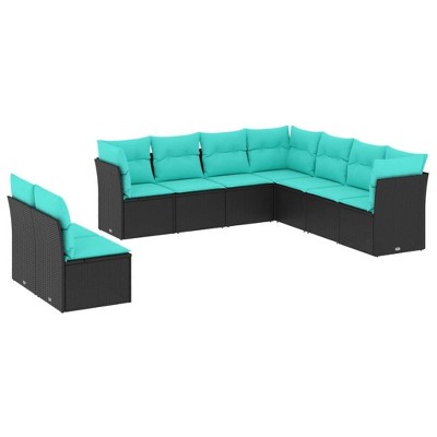 vidaXL Patio Sofa Set Black PE Rattan, Powder-Coated Steel 9 Piece - Black and Blue Without Table
