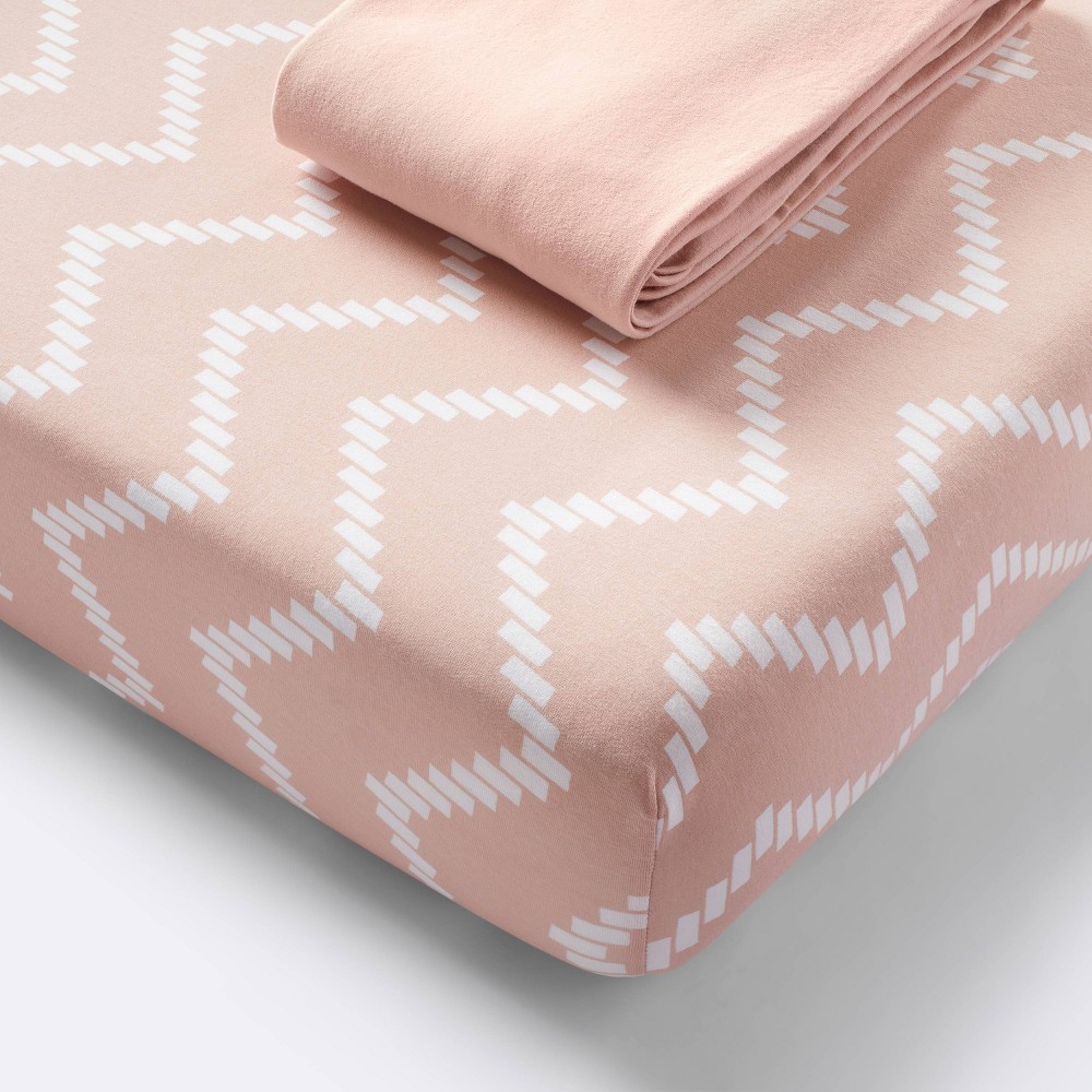 Photos - Bed Linen Jersey Fitted Crib Sheet - Pink Chevron and Solid Heirloom - Pink - 2pk 