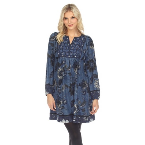 Women's Paisley Floral Embroidered Sweater Dress Blue Flower L -White Mark