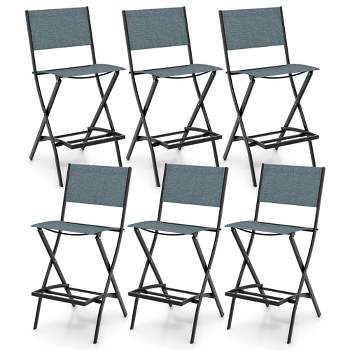 Tangkula Folding Bar Stools Set of 6 Patio Sling Chairs w/ Backrest Humanized Footrest Blue