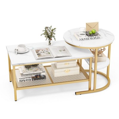 Tangkula Nesting Coffee Table Set of 2 Faux Marble Top Detachable w/ Storage Shelf