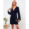 Women's Velvet Dress Wrap V Neck Pleated Waist Long Sleeve Casual Party Skater Dresses - 3 of 4