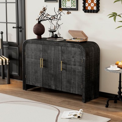 VYNXARIA Retro Minimalist Curved Sideboard with Gold Handles and Adjustable Dividers for Living Room or Dining Room (Antique Black)