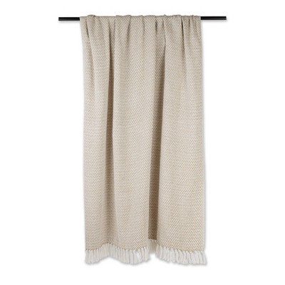 Stone Beige Cotton Woven Throw Blanket with Fringe