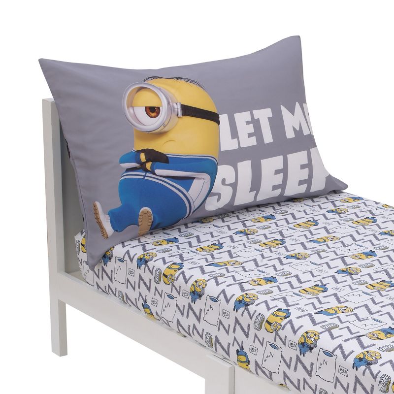 Illumination Lazy Minions Club Gray, Blue, Yellow, and White Let Me Sleep 2 Piece Toddler Sheet Set - Fitted Bottom Sheet, Reversible Pillowcase, 3 of 7