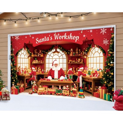 Santa's Workshop Garage Door Banner-7x16ft Christmas Scene with Elves, Toys&Reinforced Polyester Decoration for Holiday Parties, Home, Church, Office