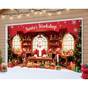 Santa's Workshop Garage Door Banner-7x16ft Christmas Scene with Elves, Toys&Reinforced Polyester Decoration for Holiday Parties, Home, Church, Office - 1 of 4
