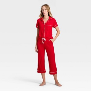 Women's Cloud Knit Modal Short Sleeve Notch Collar Top and Capri Pants Pajama Set - Auden™ - 1 of 3