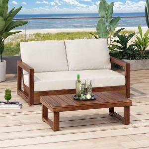 Christopher Knight Home Zip Outdoor Acacia Wood Loveseat and Coffee Table Set with Cushions - 1 of 4