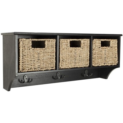 Black Pine Wall Hook Rack with 3 Wicker Baskets