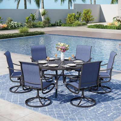 Captiva Designs 7pc Black Round Slatted Steel Table with Umbrella Hole & Textilene Swivel Chairs