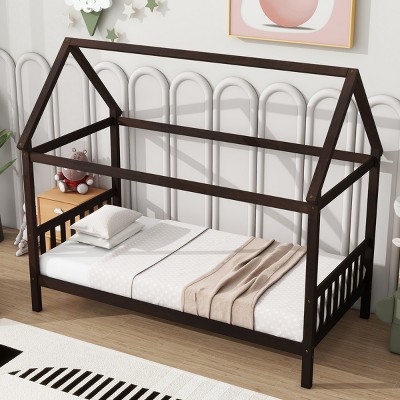 RISOKEYS Twin Size Bed Frame with Headboard and Footboard, Low Rubberwood House Bed for Boys and Girls,No Box Spring Needed