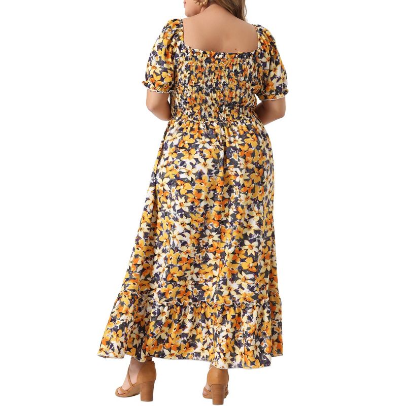 Agnes Orinda Women's Plus Size Floral Short Sleeve Shirred Square Neck Maxi Floral Dress, 4 of 6
