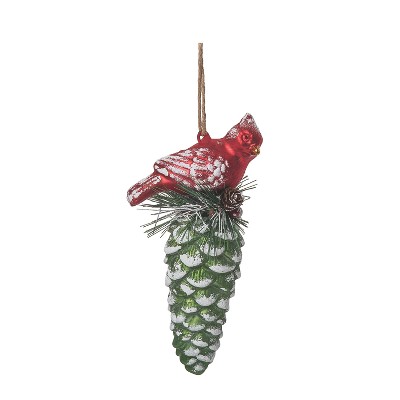 Transpac Glass 8 in. Green Christmas Cardinal Pinecone Ornament